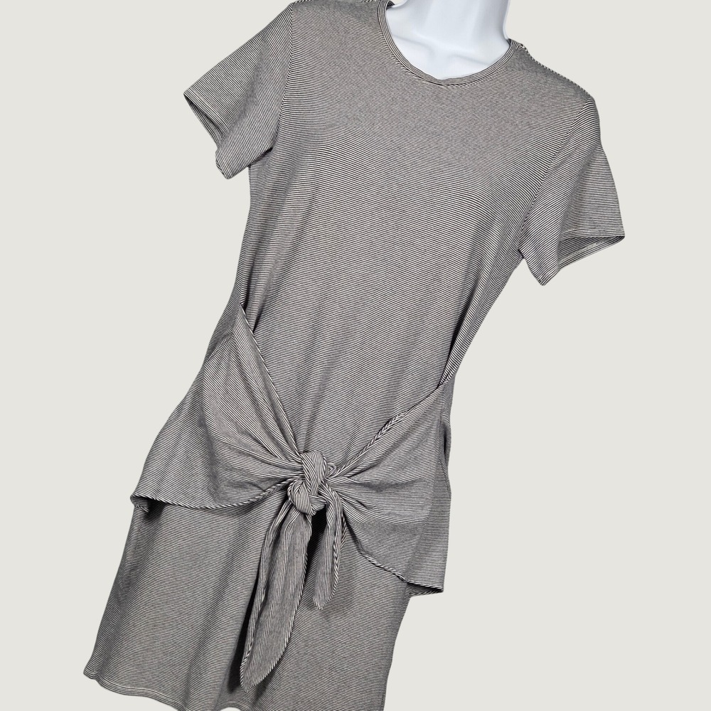 Theory Women Large Dakui Narrow Tee Dress Navy White Micro Stripe Tie Front